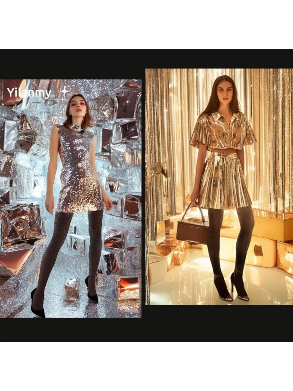 Shimmering Metallic High Waist Tights for Women - 2 Pairs of Sparkly Glitter